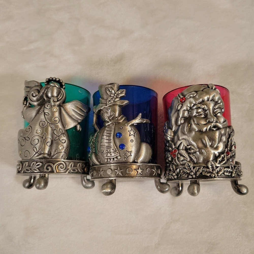 Set of 3 Pewter & Glass Santa Christmas Holiday Votive Candle‎ Holders - Vintage